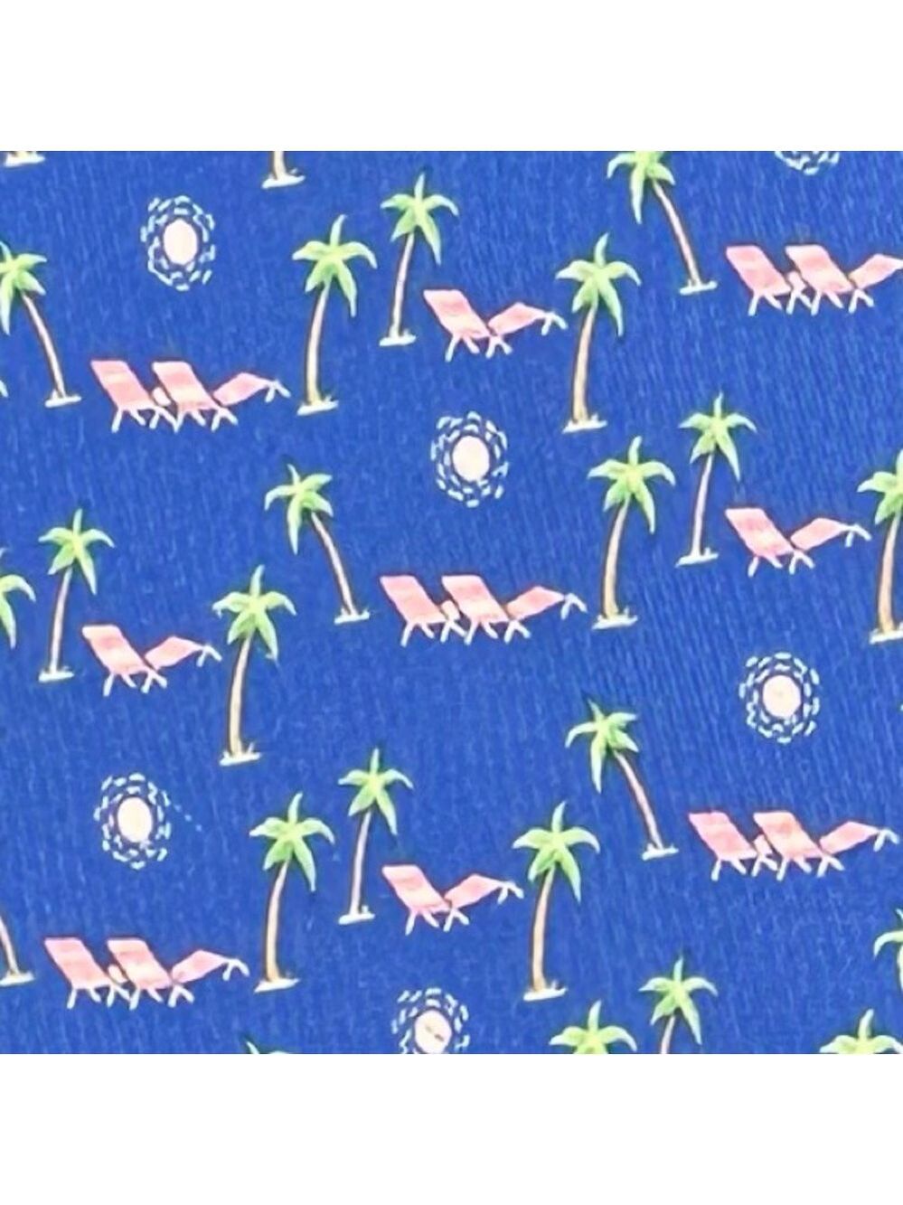 Ferragamo Silk Tie Blue Pink & Green with Palm Trees Lounge Chairs & the Sun - Picture 3 of 16